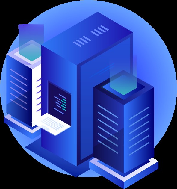 Illustration de serveurs informatiques empilés avec un ordinateur portable affichant du code